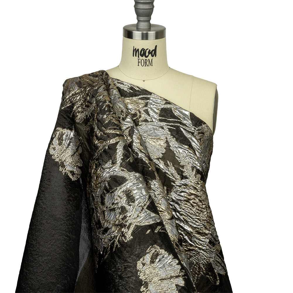 Metallic Ice Flow, Gold and Gunpowder Flashy Flowers Luxury Burnout Brocade - Joann Fabrics