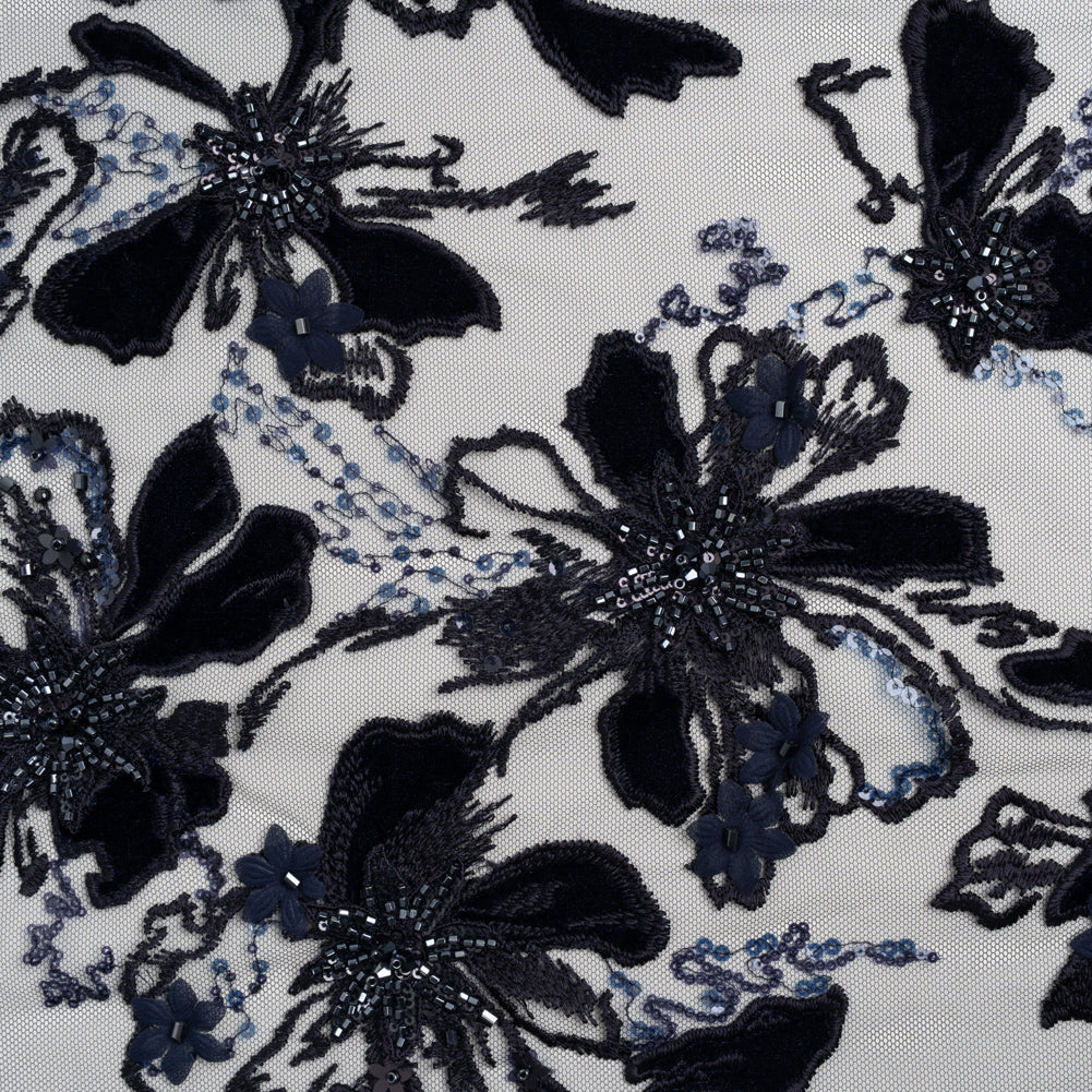Embroidered 3D Lace with Beading and Velvet Applique - Navy Blue Floral - Joann Fabrics