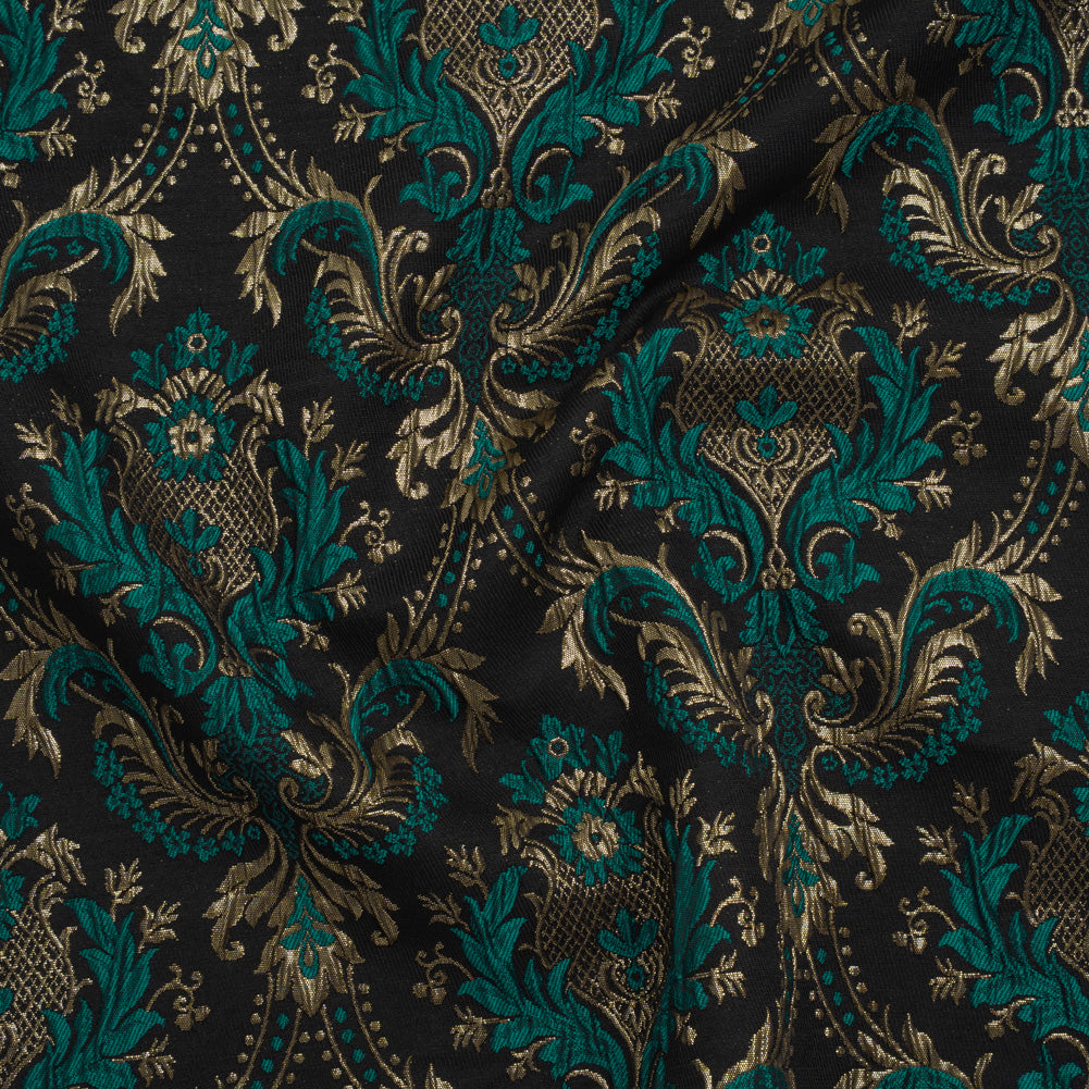 Metallic Polyester and Cotton Brocade - Teal, Black and Gold Damask - Designer Deadstock - Joann Fabrics