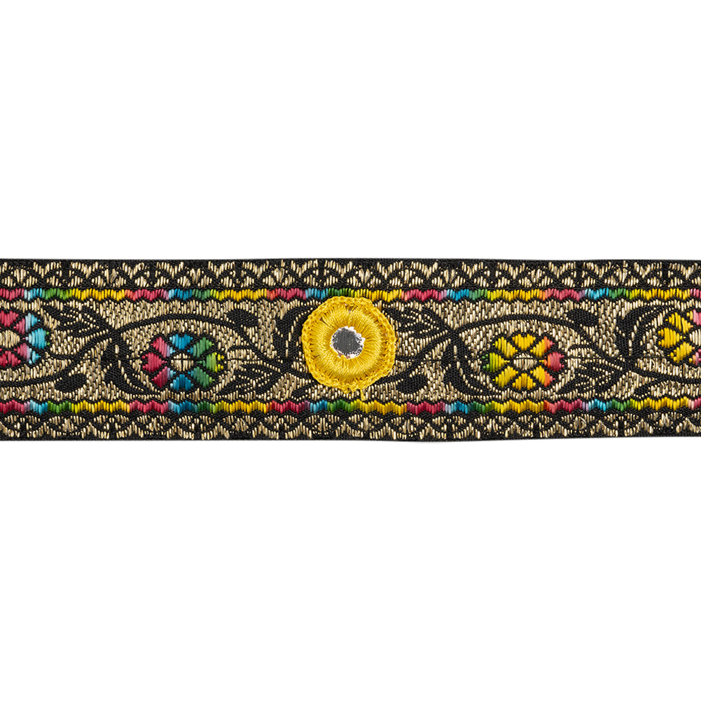 Metallic Jacquard RIbbon with Embroidered Mirror Insets - 1.5