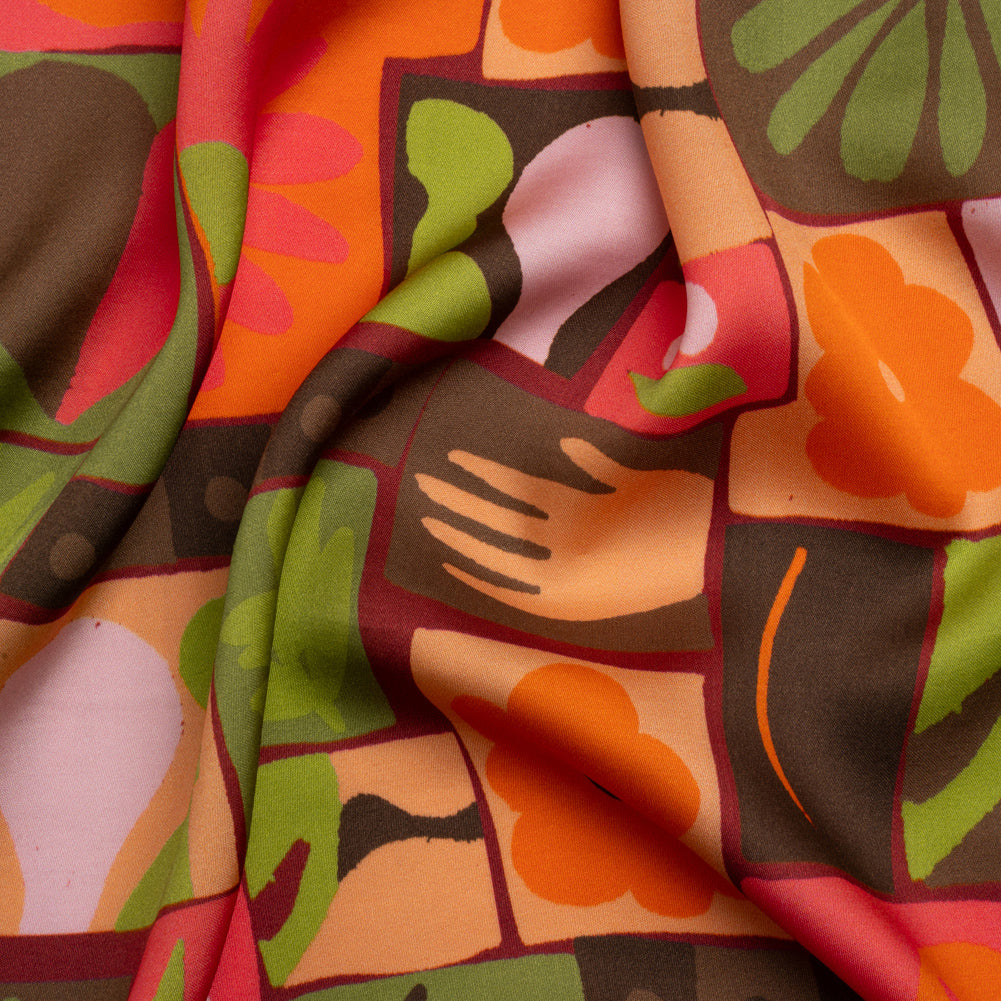Sustainable and Recycled Viscose Satin Print - Orange, Green and Coral Simple Symbols Patchwork - Mood Exclusive Come Together - Joann Fabrics