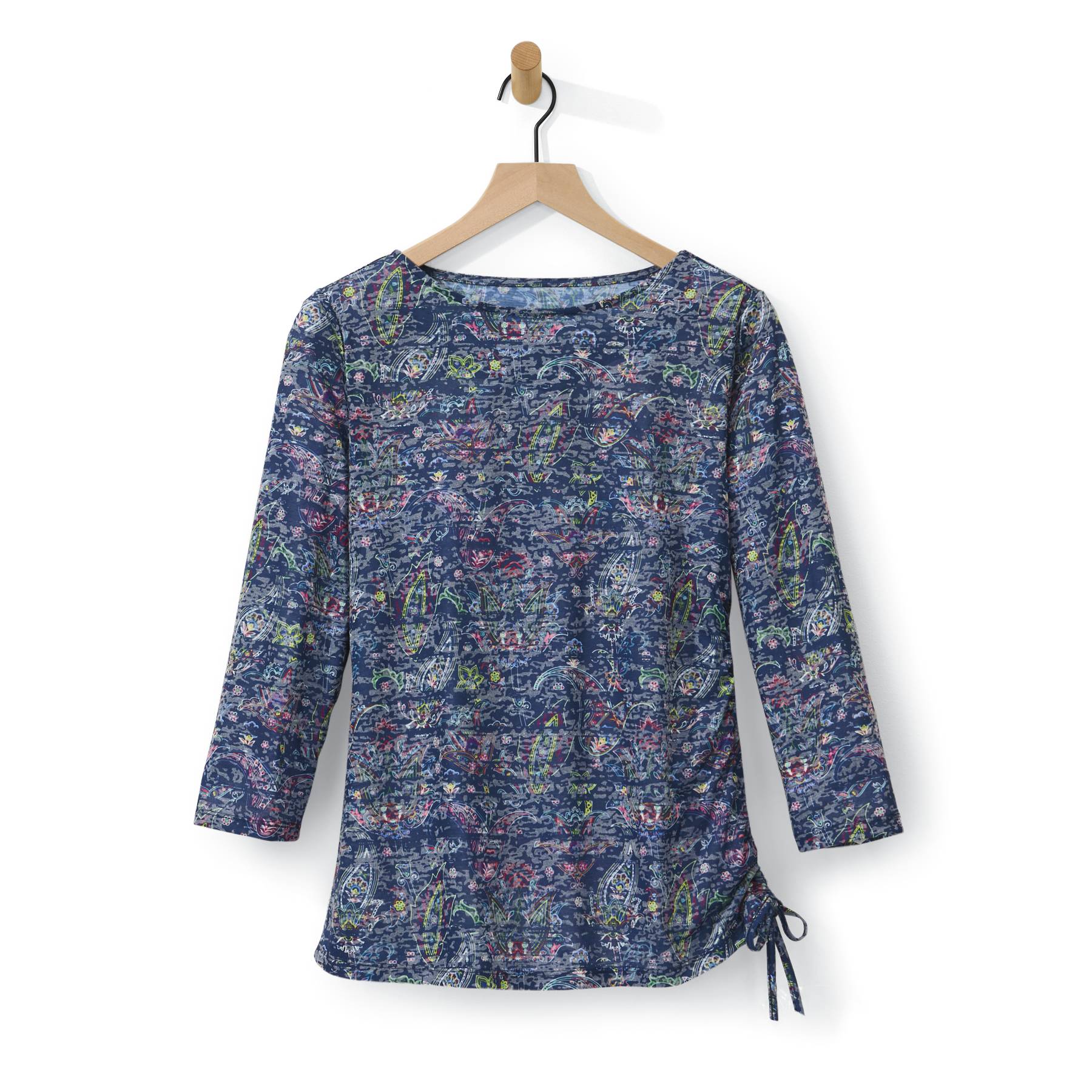 Paisley-Print Side-Ruched Top, Boatneck, Drawstring, 3/4 sleeves - Northstyle Catalog
