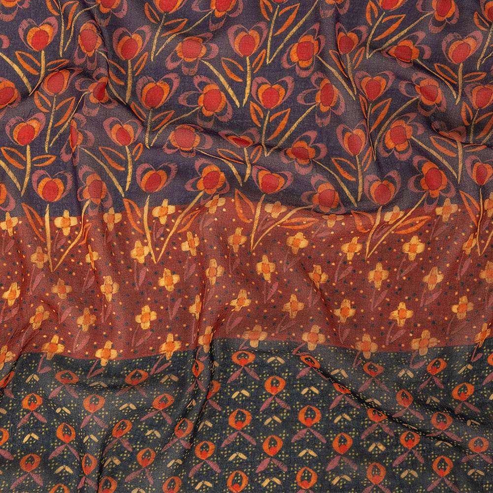 Famous NYC Designer Red, Orange, and Navy Floral Stripes Polyester Georgette - Joann Fabrics