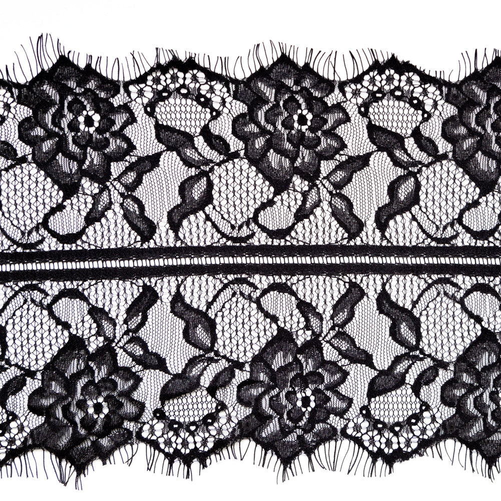 European Black Floral Scalloped Eyelash Lace Trim - 7.75