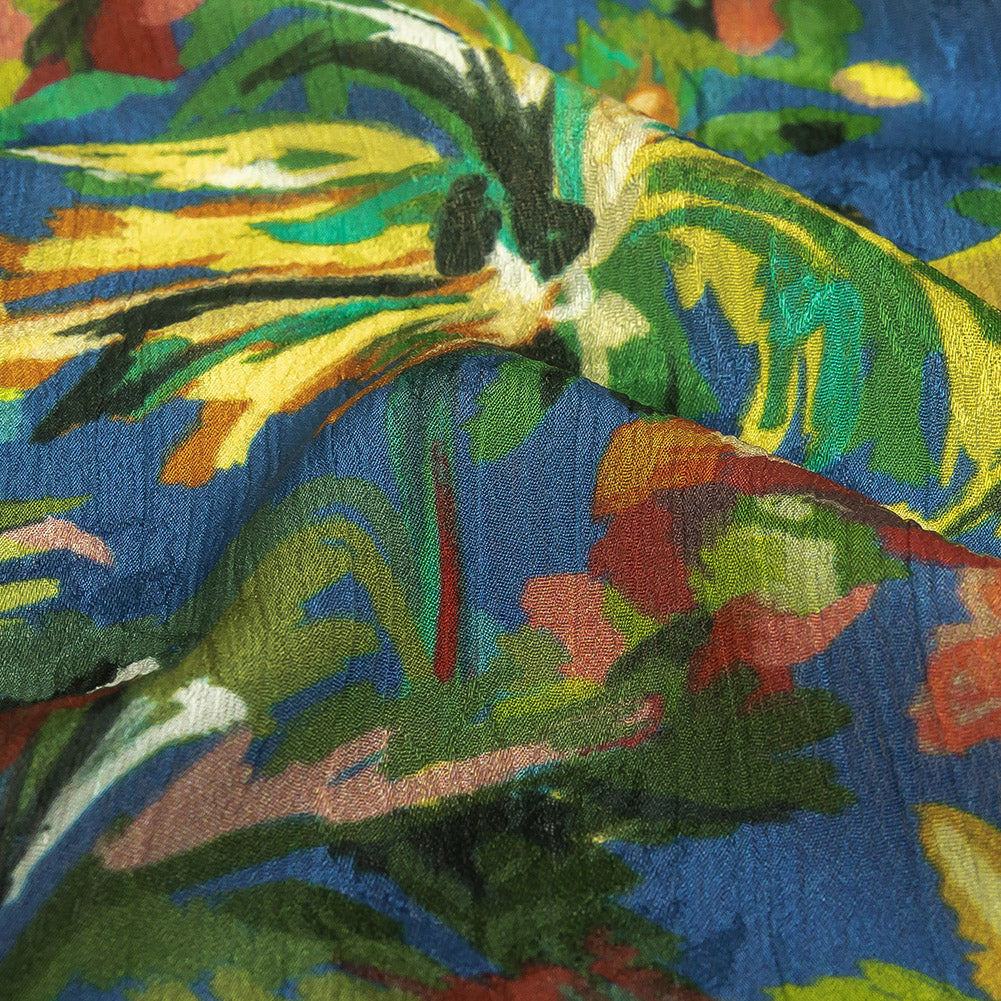 Crinkled Leafy Polyester Jacquard Print - Galaxy Blue, Green and Red Palm Trees - Mood Exclusive Beach Babe - Joann Fabrics