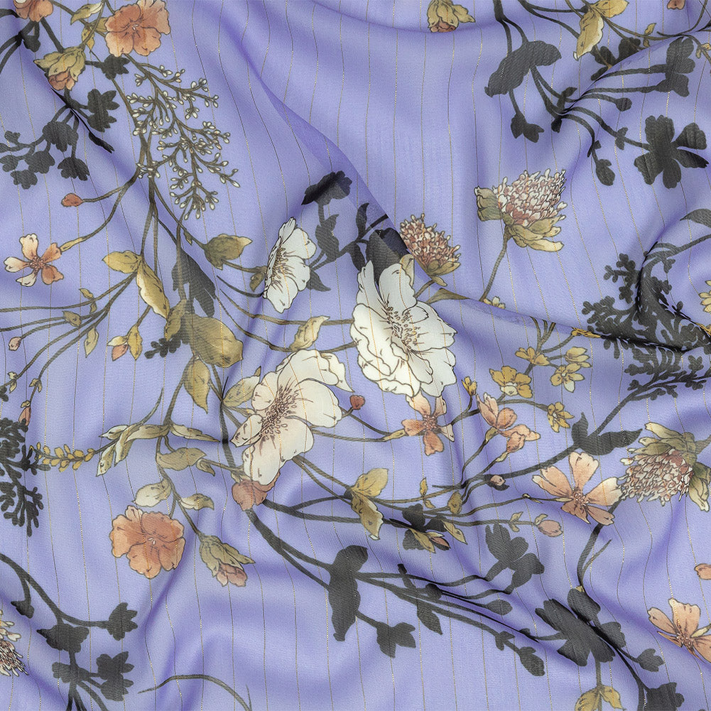 Polyester Chiffon Print with Metallic Pinstripes - Lavender and White Floral - Mood Exclusive Ornamental Orchestra - Joann Fabrics