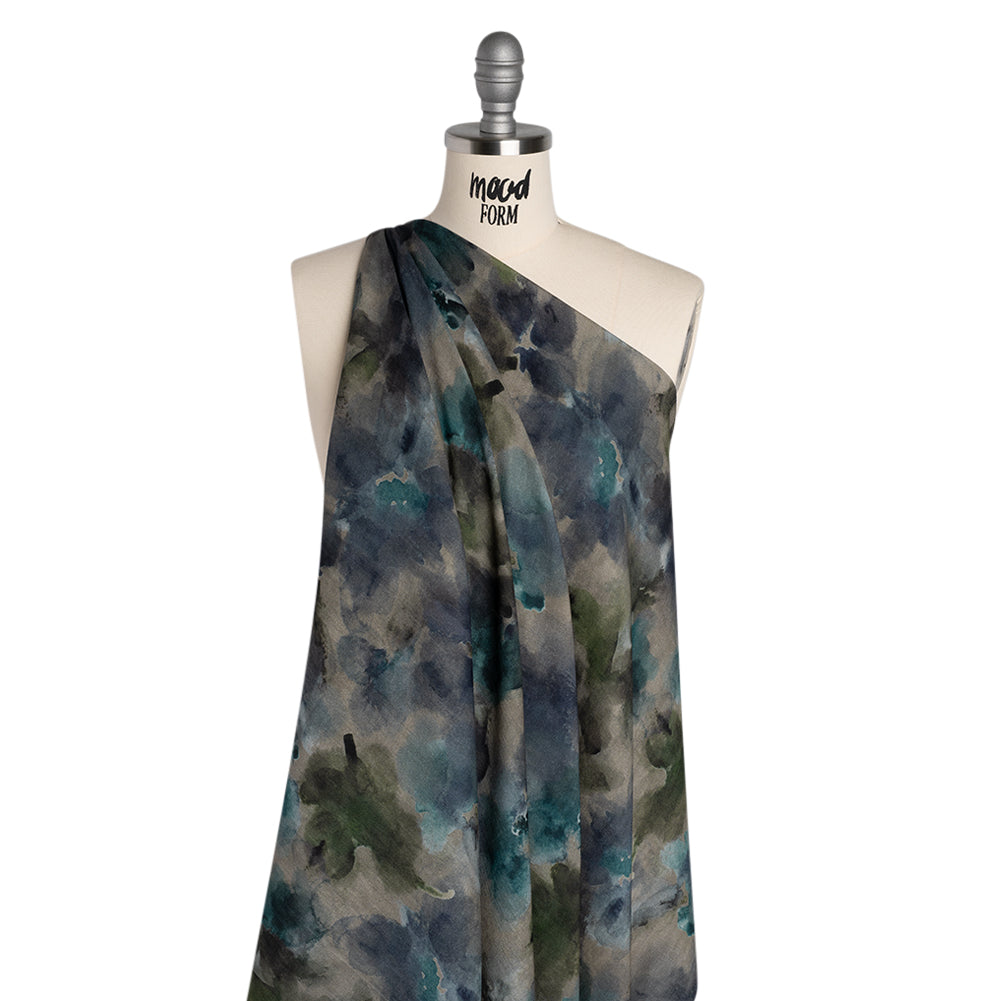 Cotton Crepe - Gray, Olive and Dark Blue Abstract Watercolor - Mood Exclusive Flowing Horizons Print - Joann Fabrics