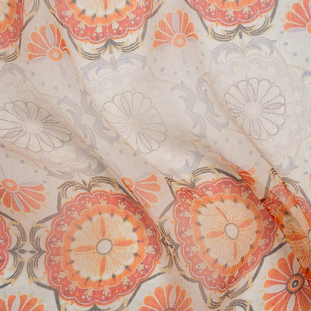 Crinkled Silk Chiffon Print - Orange, Red and Pale Lilac Floral Stripes - Deadstock - Joann Fabrics
