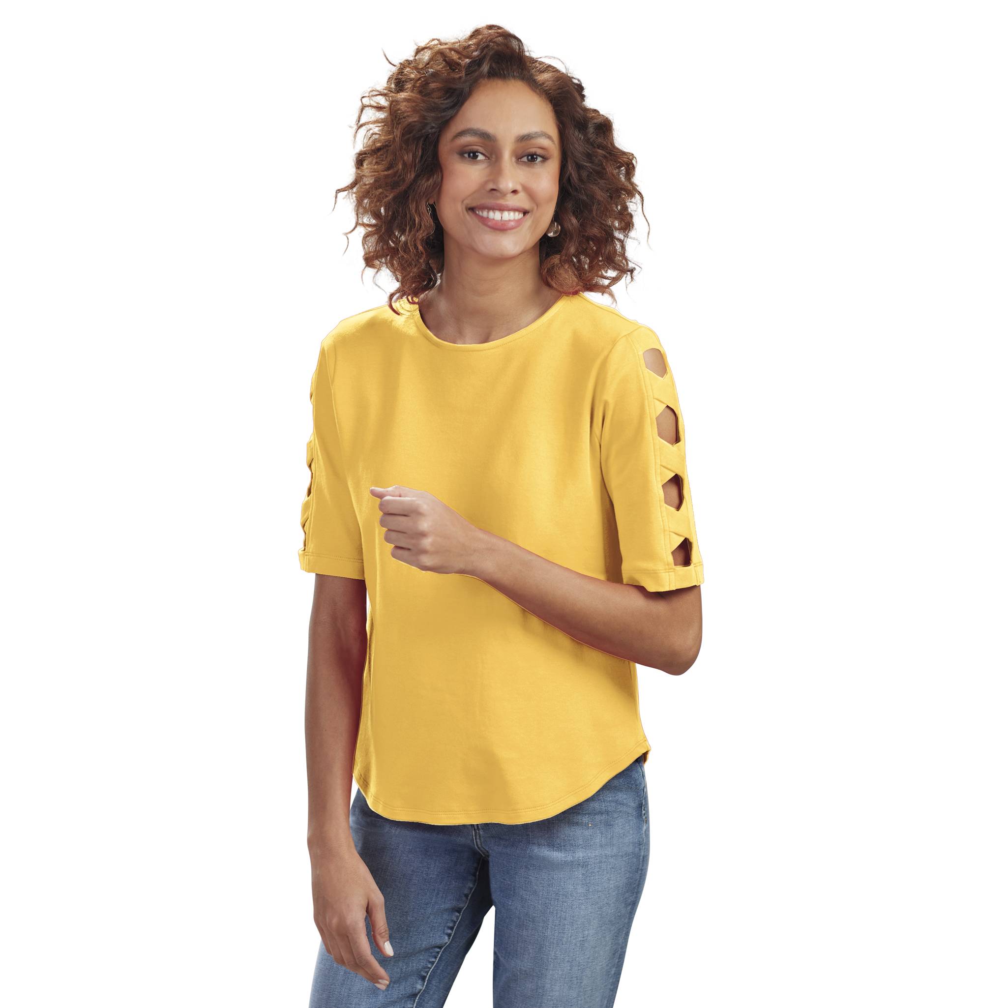 Criss Cross Ladder Sleeve Top, Elbow-Length Sleeve, Curved Hem, Cotton - Northstyle Catalog