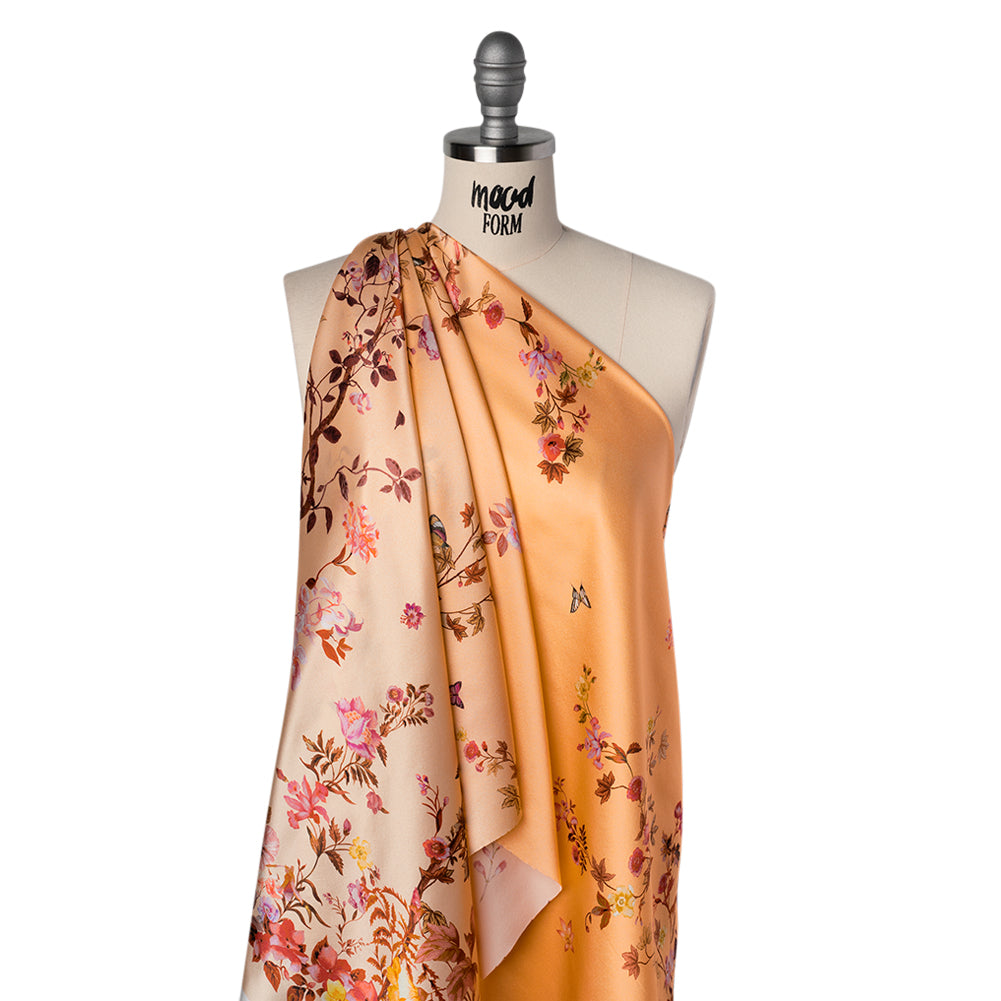 Silk Charmeuse Print 16MM, Made in Italy - Peach Ombre with Pink and Brown Floral Borders - Joann Fabrics