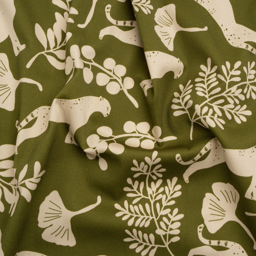 Stretch Cotton Twill Print - Green Big Cats and Leaves - Mood Exclusive Stoic Seer - Joann Fabrics