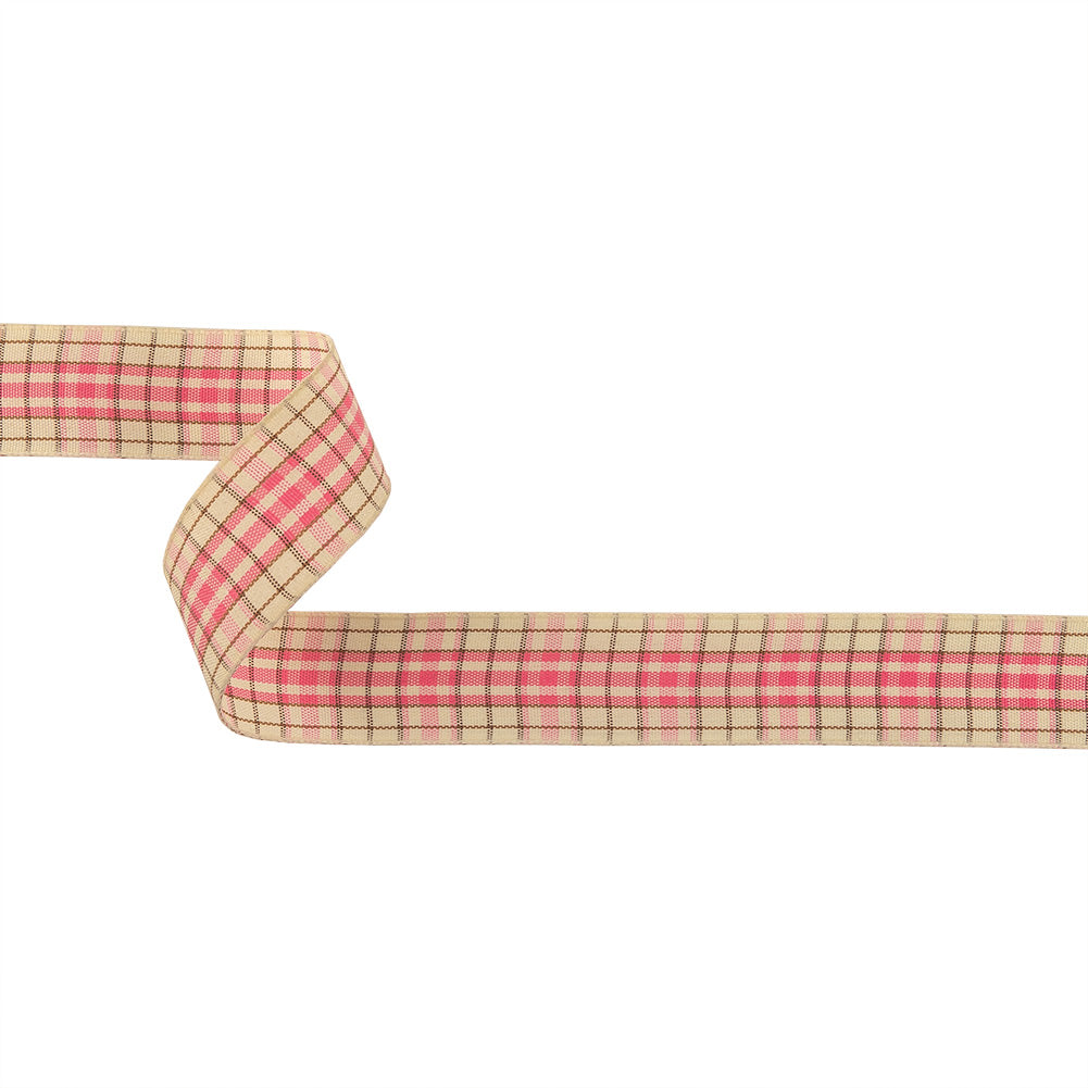Bubblegum, Brown and Vanilla Ice Plaid Woven Ribbon - 1