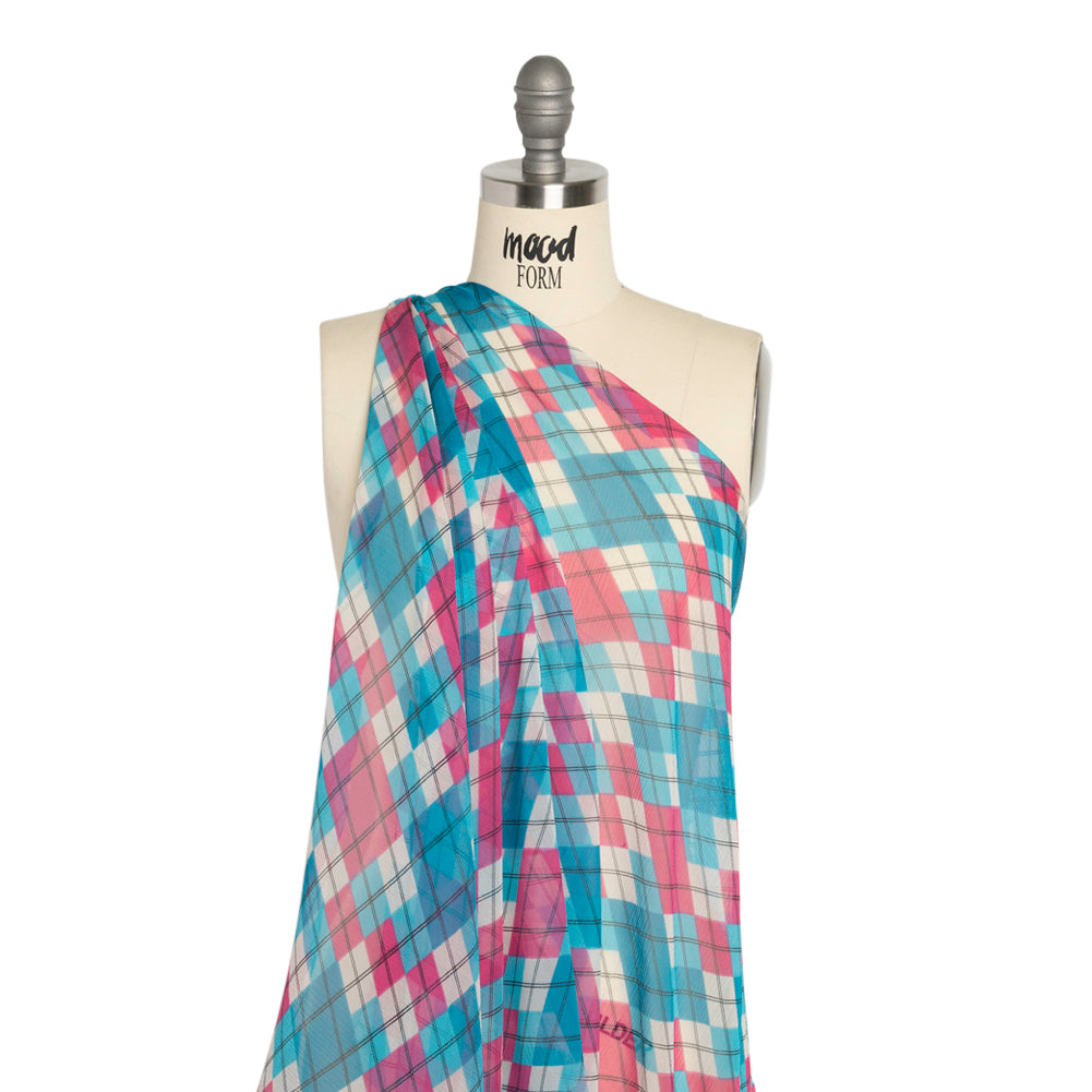 Turquoise, Pink and Cream Argyle Crinkled Silk Chiffon - Joann Fabrics