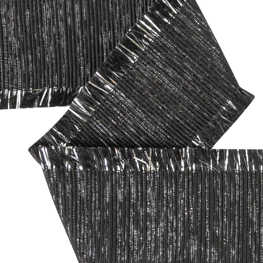 Italian Black and Silver Metallic Grosgrain Ribbon with Fringe - 1.4375