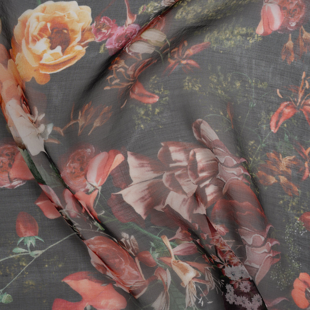 Silk Voile Print - Black, Red and Yellow Bouquets - Deadstock - Joann Fabrics