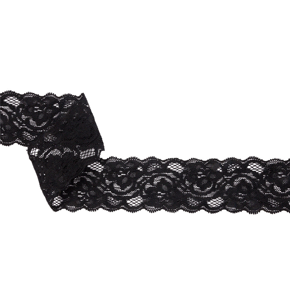 Famous NYC Designer Black Floral Stretch Lace Trim with Scalloped Edges - 1.625