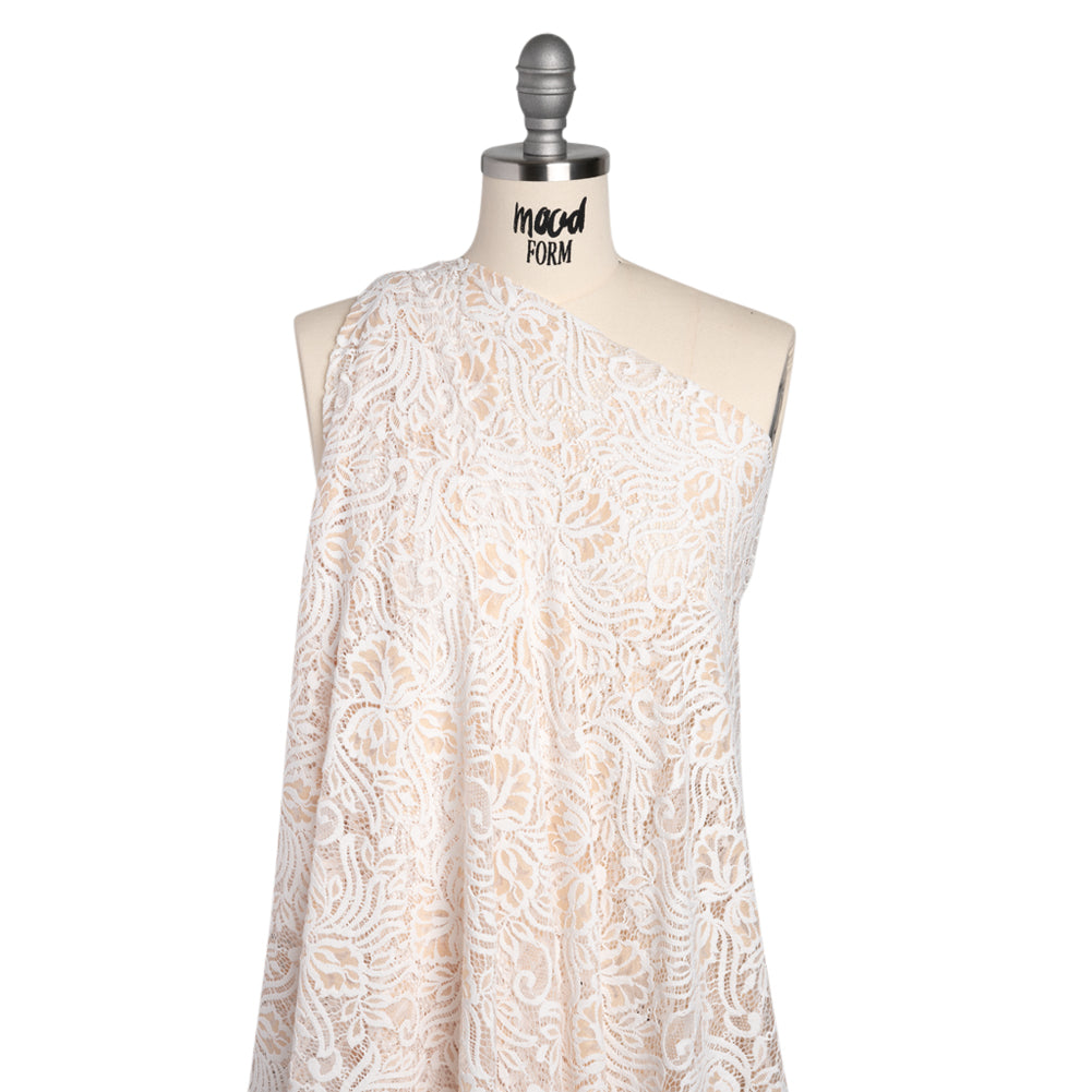 Re-Embroidered Stretch Lace with Finished Edges - Ivory and Appleblossom Beige Blossom Trios and Leaves - Tatiana Collection - Joann Fabrics
