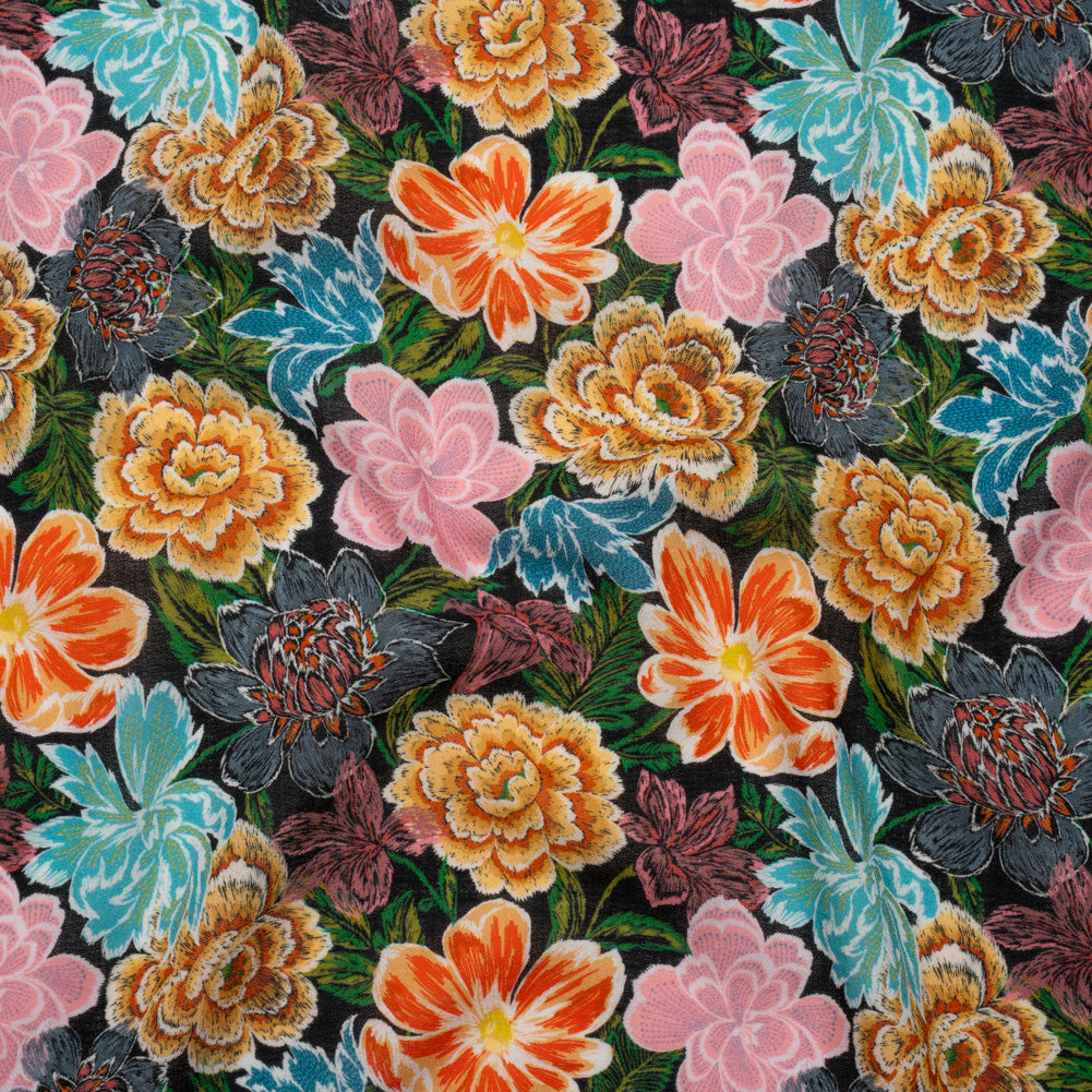 Cotton Crepe - Orange, Pink and Blue Textured Flowers - Mood Exclusive Curiouser and Curiouser Print - Joann Fabrics