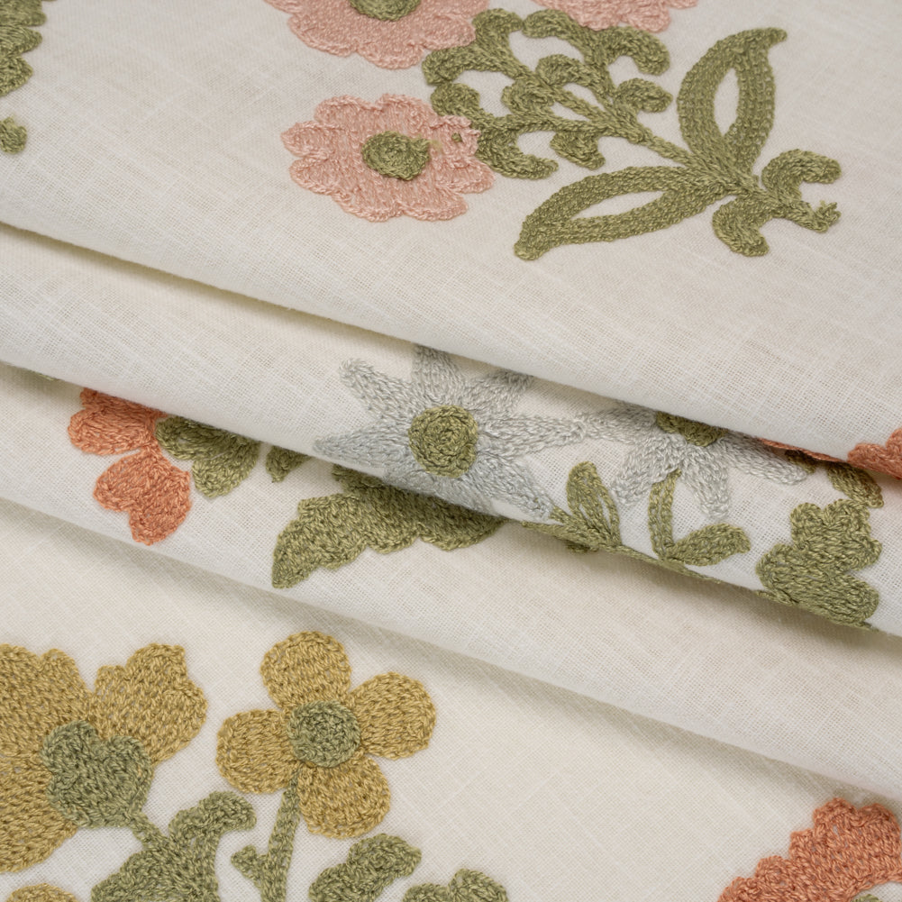 Polyester and Cotton Slubbed Drapery Woven with Viscose Embroidery - Garden Simple Flowers - British Imported - Joann Fabrics