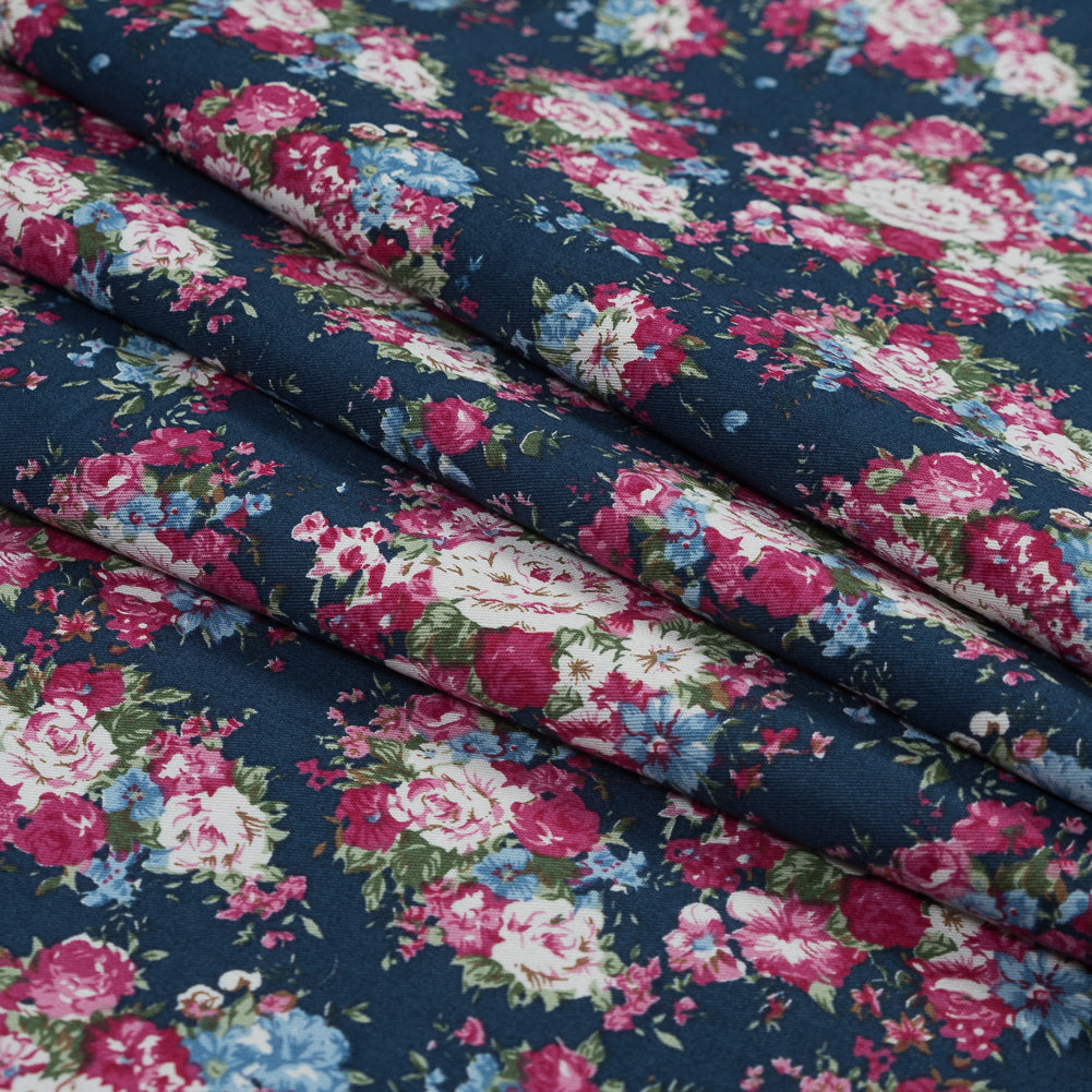 Wild Rose Pink and Insignia Blue Floral Cotton Twill - Joann Fabrics