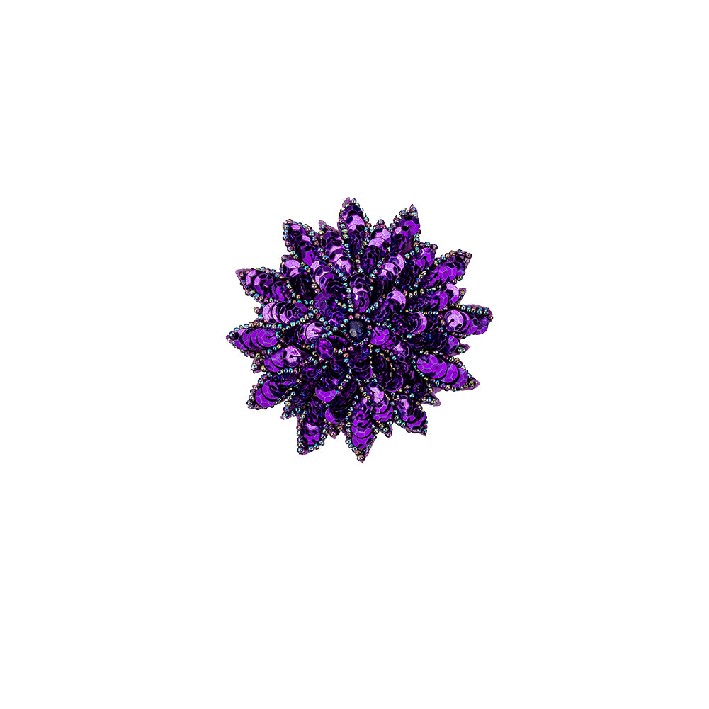 Vintage Purple Sequins and Oil Slick Iridescent Beaded Flower Applique - 3