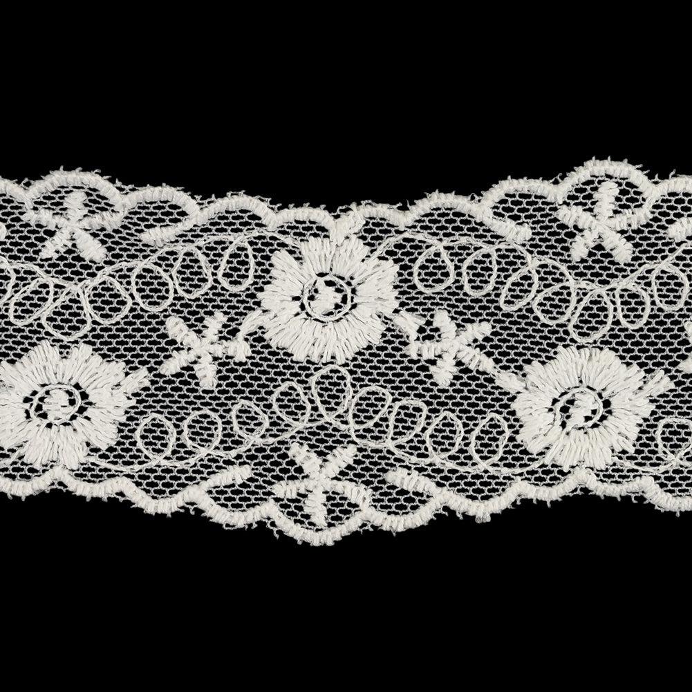 White Flowers and Loop de Loops Zig Zag Embroidered Lace Trim - 1.625