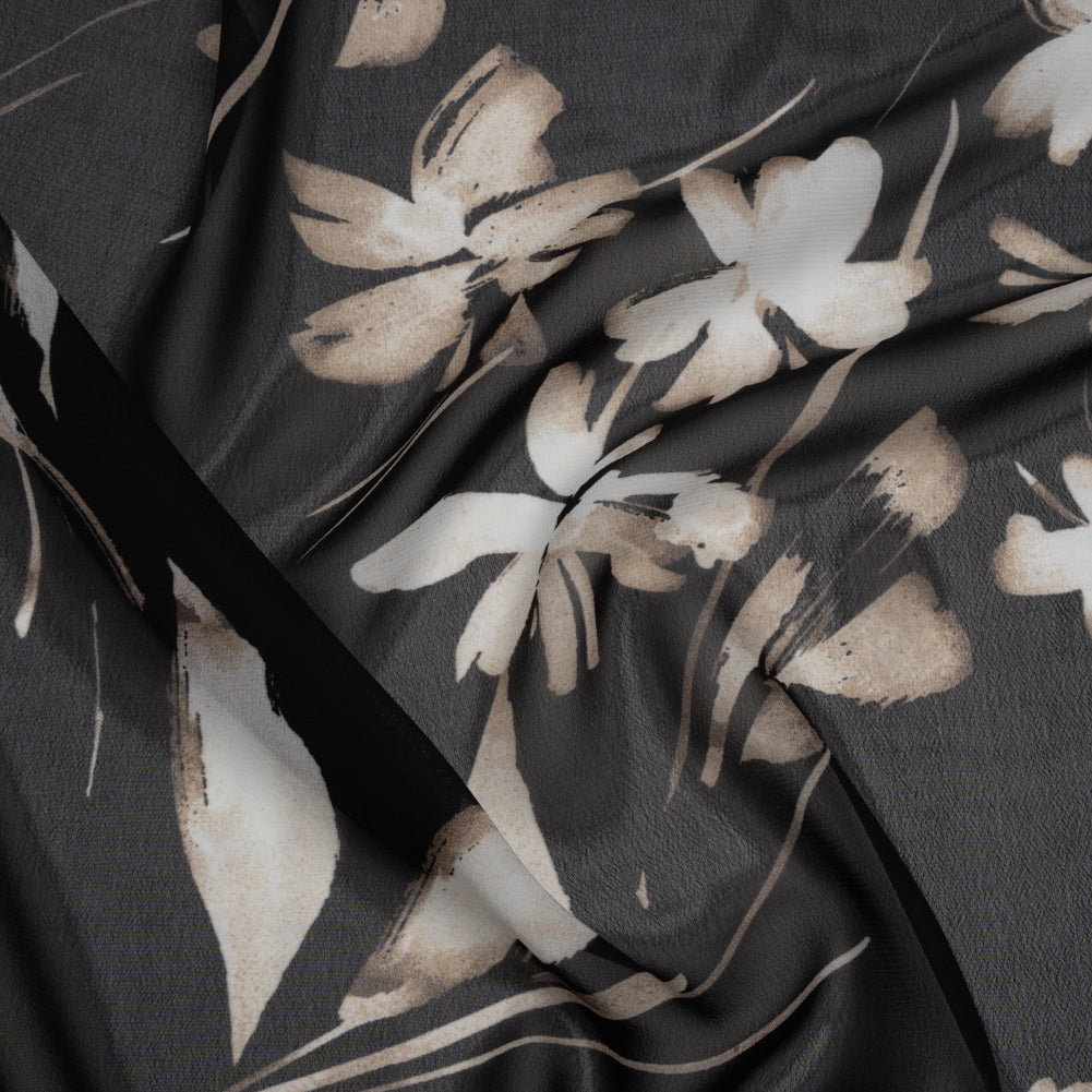 Polyester Chiffon Print - Black, Taupe and White Floral - Designer Deadstock - Joann Fabrics