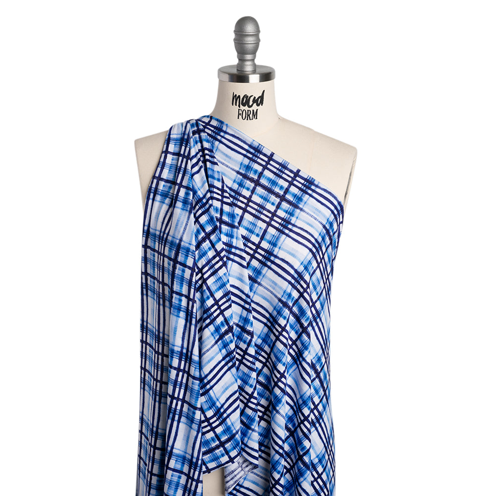 Stretch Rayon Jersey Print - Navy, Blue and White Painterly Plaid - Deadstock - Joann Fabrics
