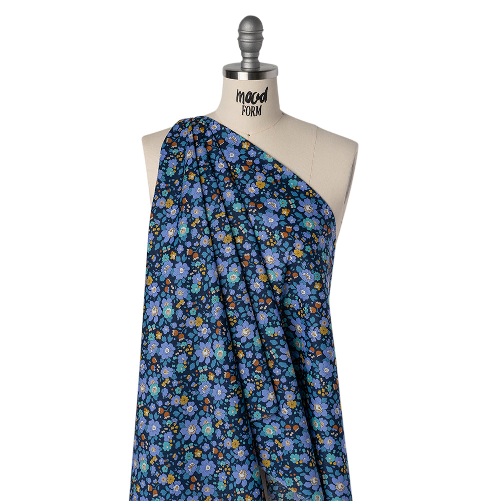Liberty Fabrics Tana Lawn® - Betsy Meadow Dark Blue - Blue, Periwinkle and Yellow Illustrated Floral - Joann Fabrics