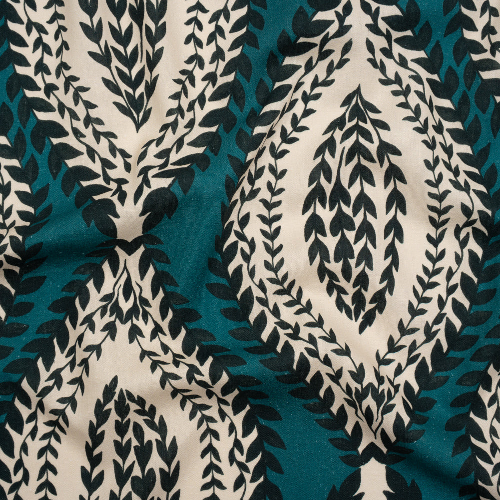Linen and Rayon Woven - Teal, Navy and Cream Leafy Ogees - Mood Exclusive Lazy River Print - Joann Fabrics