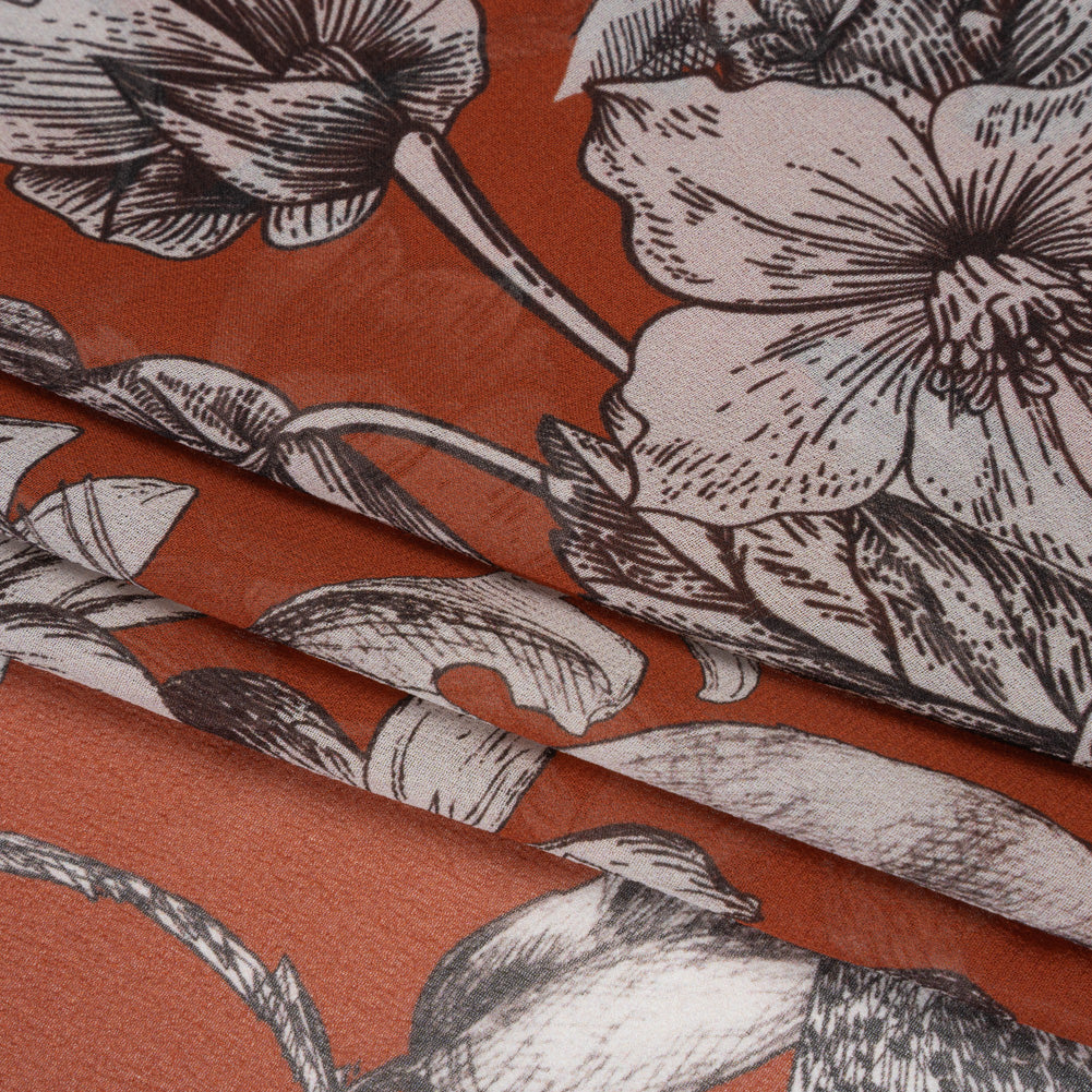 Silk Chiffon Print Made in Italy - Terracotta Brown, Black and Light Gray Flowers and Jungle Cats - Deadstock - Joann Fabrics