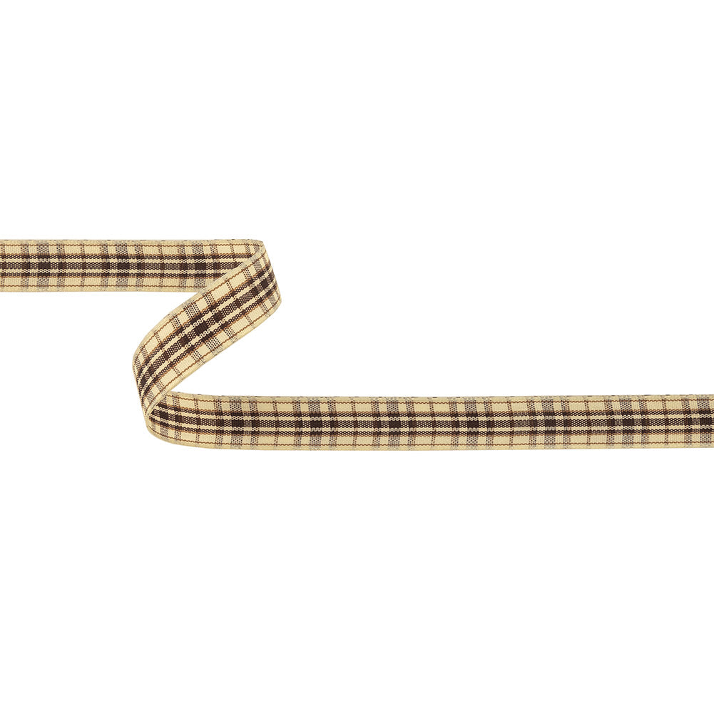 Brown Stone, Tan and Vanilla Ice Plaid Woven Ribbon - 0.625