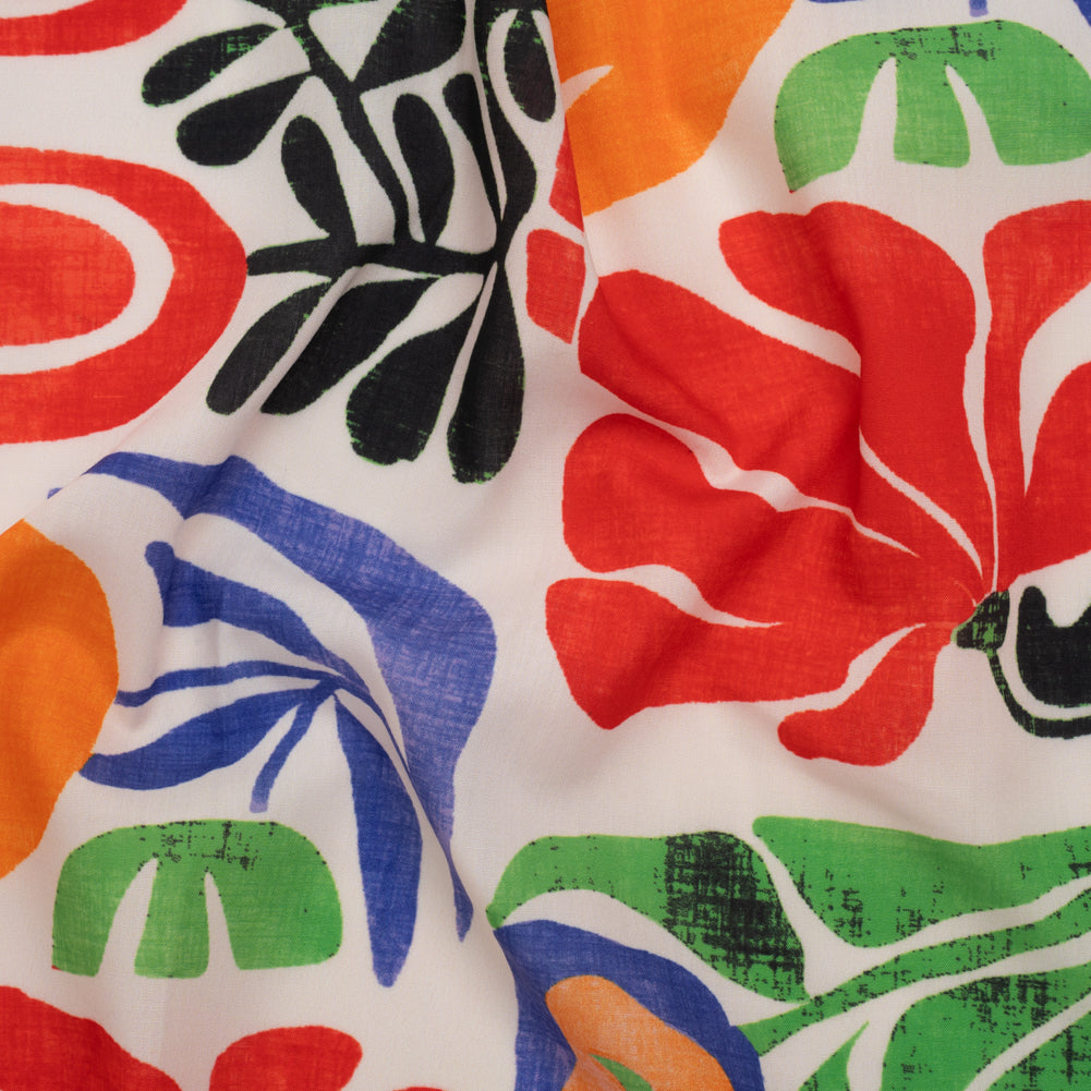 Polyester Shirting Print - Red, Orange and Ultramarine Simple Floral Blocks and Borders - Designer Deadstock - Joann Fabrics