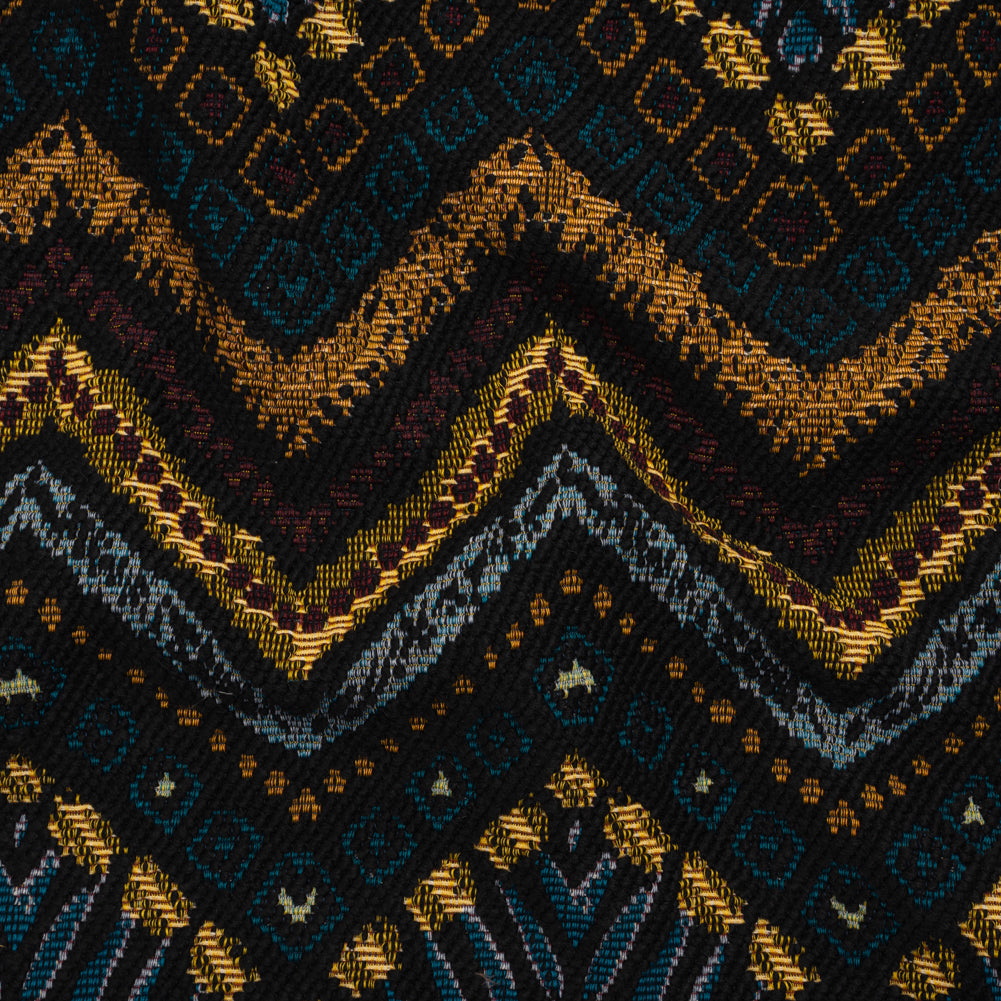 Textured Polyester and Cotton Jacquard Made in Italy - Black, Teal and Golden Yellow Organic Chevrons - Deadstock - Joann Fabrics