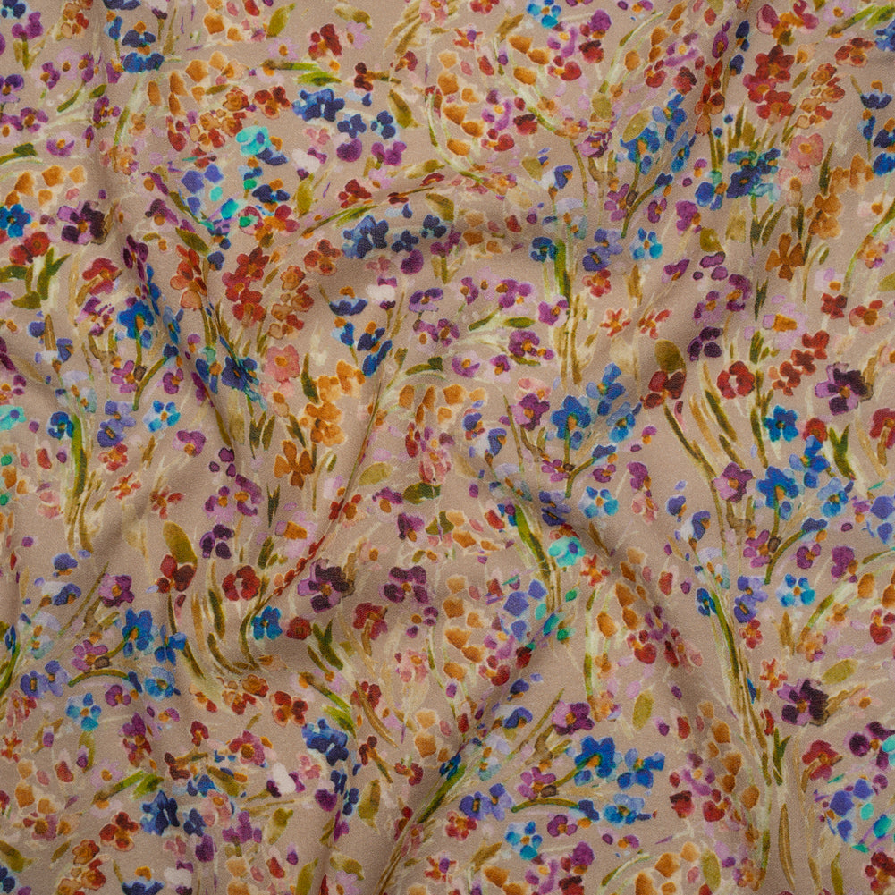 Cotton Crepe - Taupe and Rainbow Painted Flowers - Mood Exclusive Prismatic Petals Print - Joann Fabrics