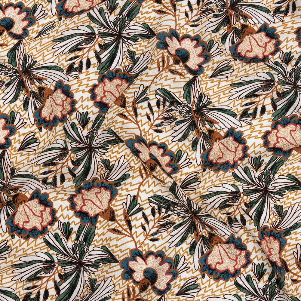 Slubbed Viscose Woven Print - Mustard and Terracotta Floral and Zig Zag - Mood Exclusive Retro Blossoms - Joann Fabrics