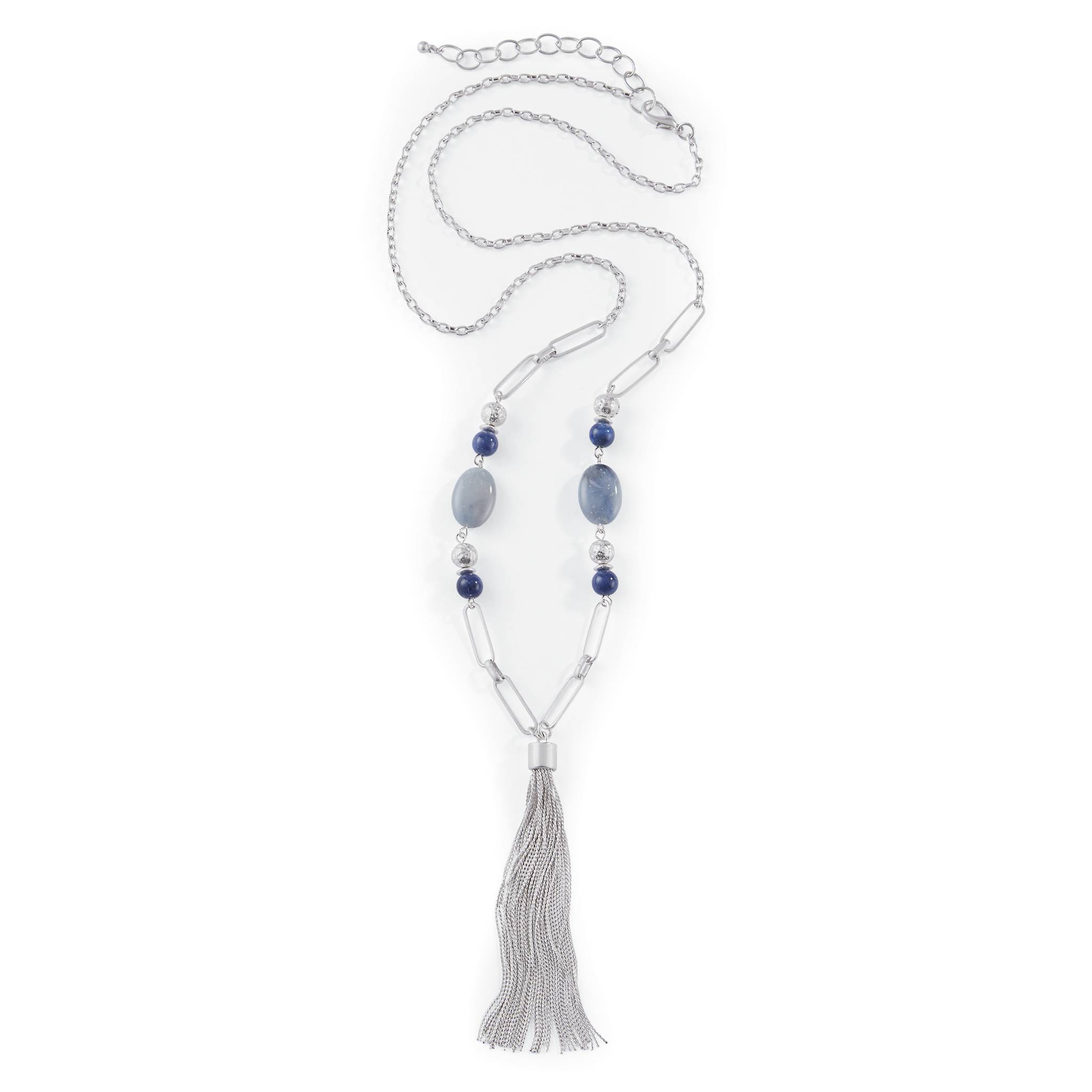 Blue Beaded Tassel Necklace with Silver Beads - Northstyle Catalog