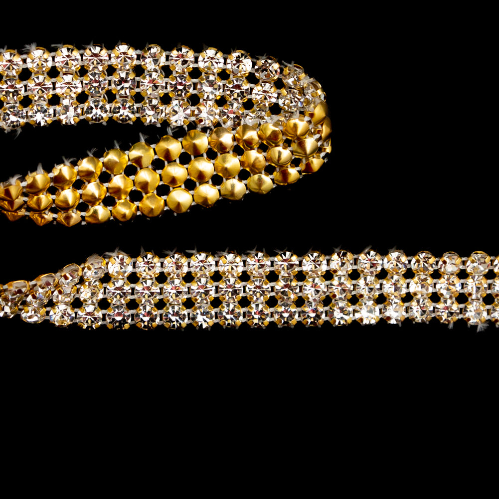 Gold and Crystal 3-Row Rhinestone Trim - 0.625