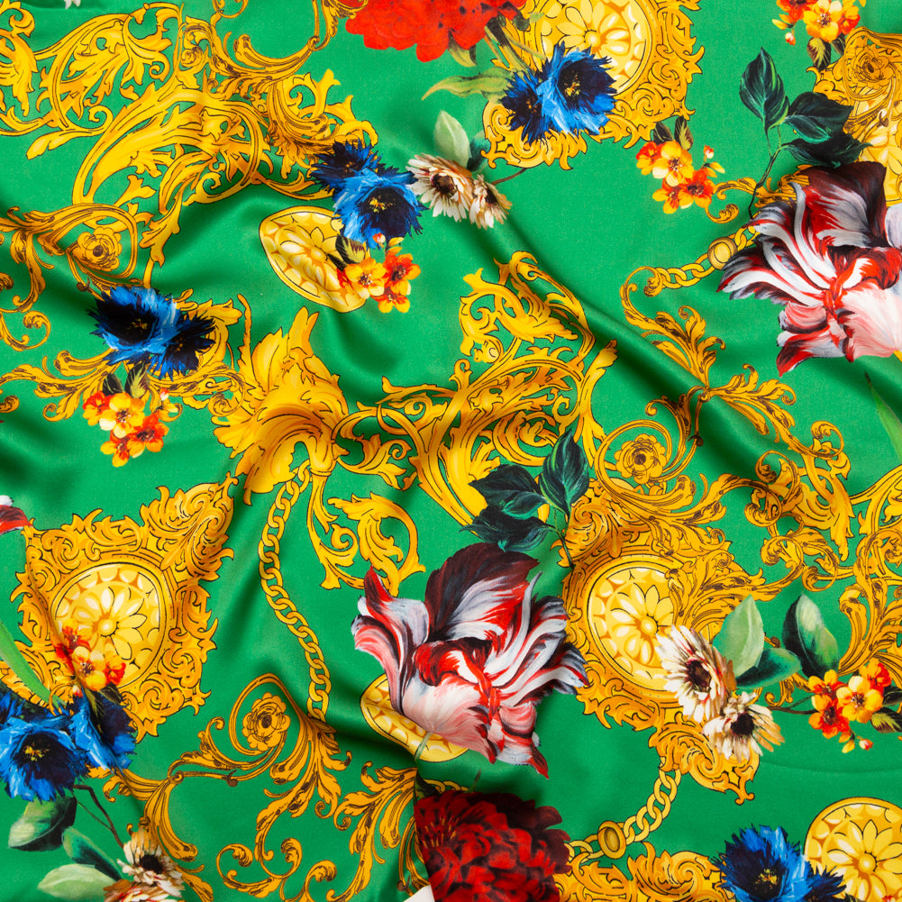 Mood Exclusive Italian Kelly Green and Gold Ornate Floral Digitally Printed Silk Charmeuse - Joann Fabrics