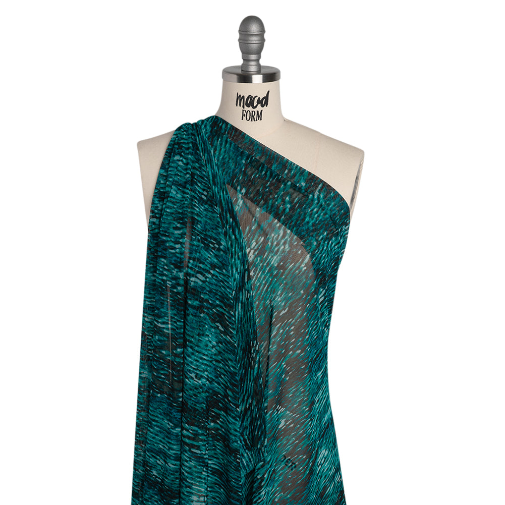 Stretch Polyester Mesh - Teal, Black and Blue Abstract Streaks - Designer Deadstock - Joann Fabrics