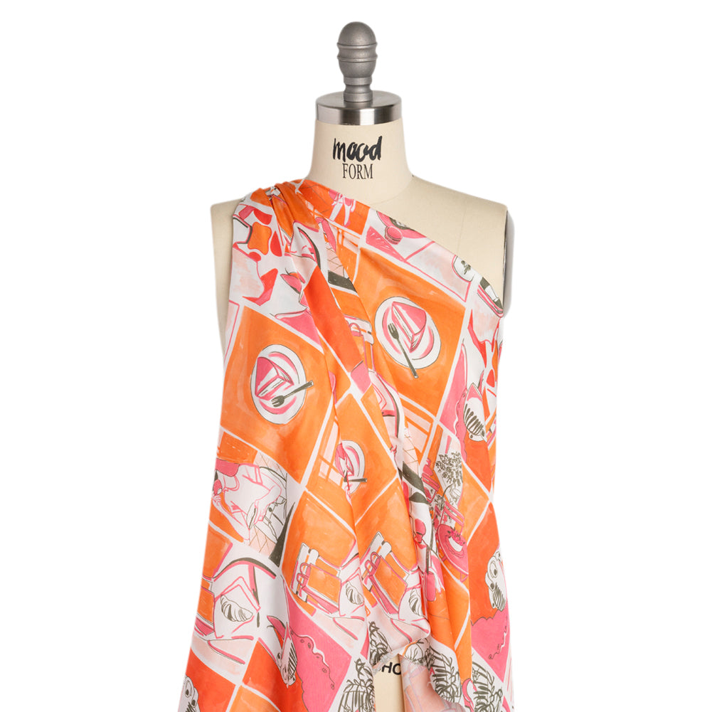 Sustainable and Recycled Viscose Satin Print - Orange and Pink Cafe Snapshots Patchwork - Mood Exclusive Italian Afternoon - Joann Fabrics