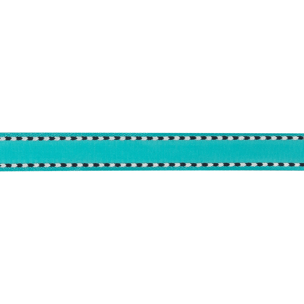 Turquoise Woven Ribbon with Navy and White Stitched Border - 0.375