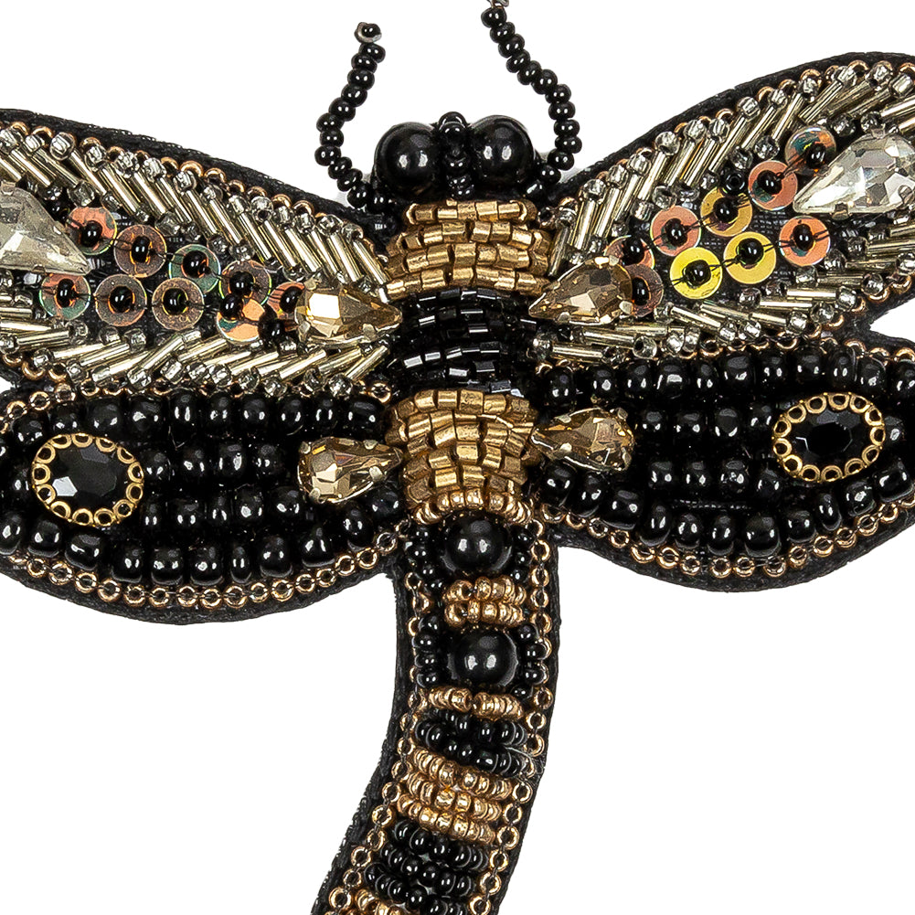 Black and Gold Dragonfly Rhinestone and Glass Beaded Applique - 3.375