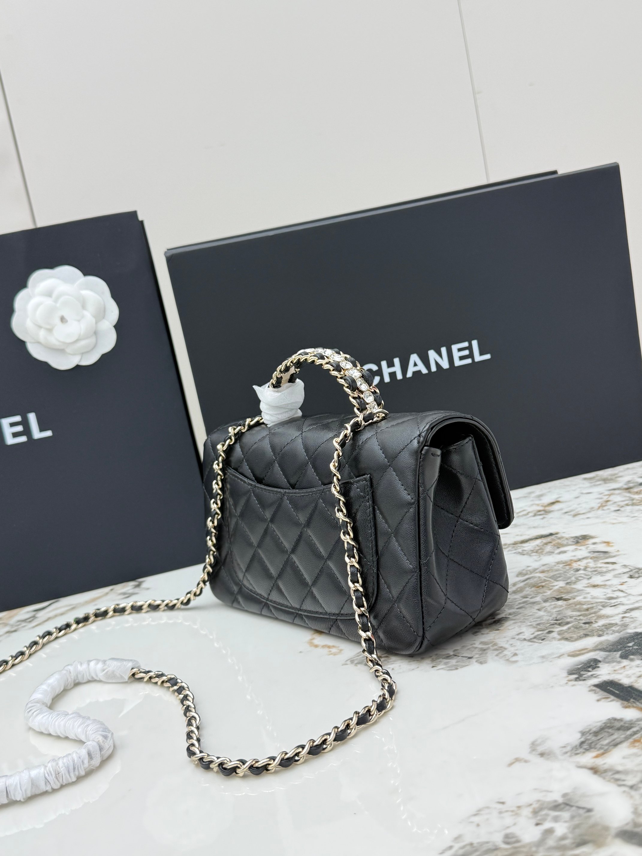Chanel 23A CF — Gold-Label Logo, Diamond-Embellished Handle — Handbag & Crossbody Bag