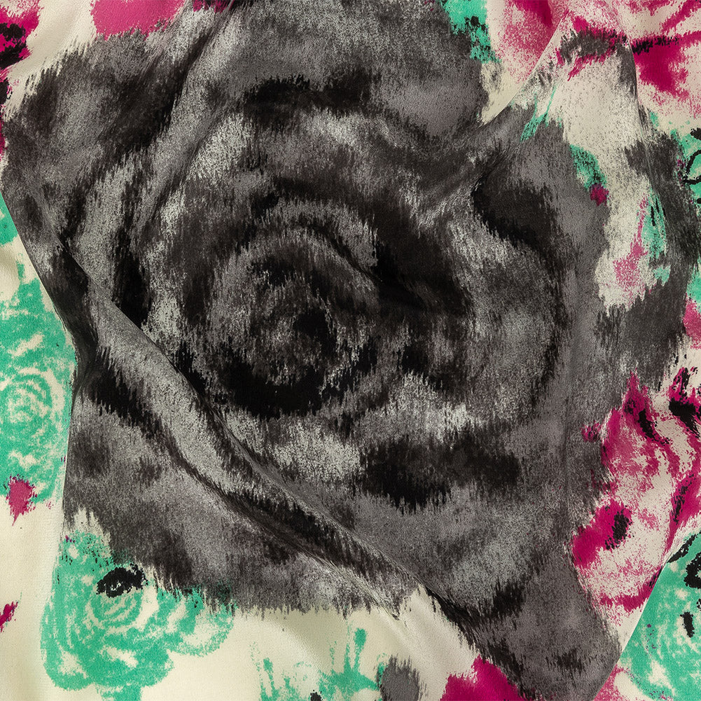 Pink, Electric Green and Flannel Gray Painterly Roses Silk Crepe de Chine - Joann Fabrics