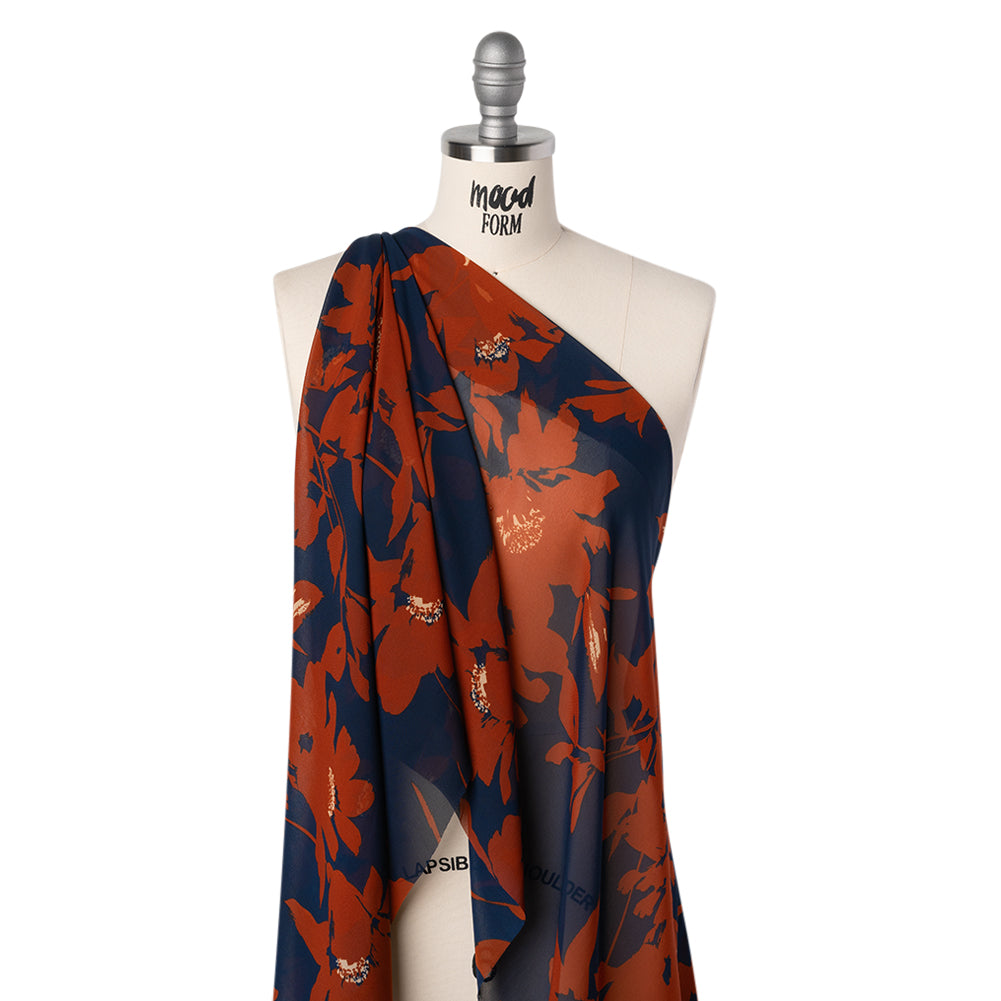 Polyester Chiffon Print - Navy Blue and Rust Floral - Designer Deadstock - Joann Fabrics