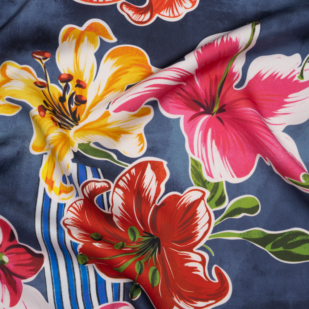 Polyester Satin - Navy Blue, Red and Pink Flowers and Striped Blocks - Mood Exclusive Linear Bloom Print - Joann Fabrics