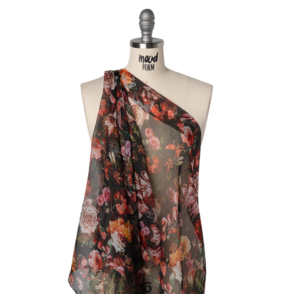 Silk Voile Print - Black, Red and Yellow Bouquets - Deadstock - Joann Fabrics