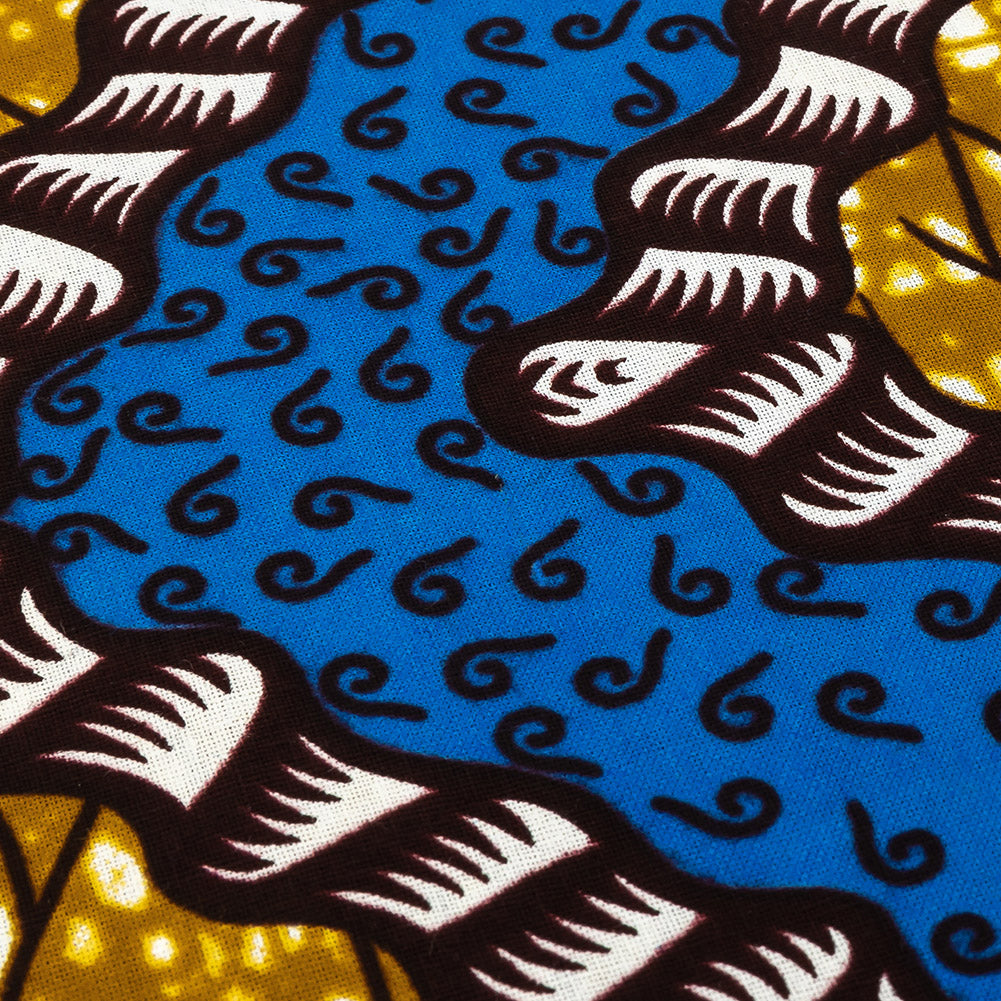 Blue, Dark Yellow and Brown Wavy Zig Zags Cotton Supreme Wax African Print - Joann Fabrics