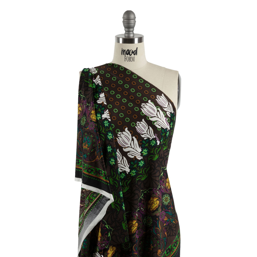 Brown, Green and Plum Waterlilies and Irises Border Silk Jersey - Joann Fabrics